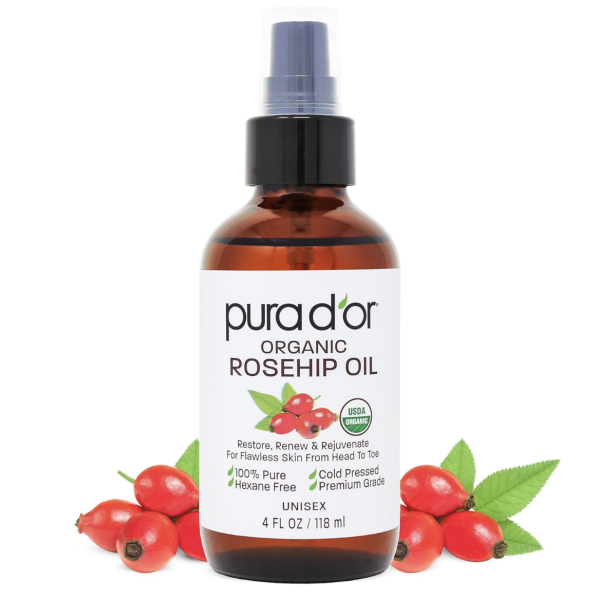PURA D'OR 4 Oz ORGANIC Rosehip Seed Oil Hair Relaxer 100% Pure Cold Pressed USDA Certified All Natural For Anti-Aging, Scar Treatment, Face, Hair Relaxer & Skin Moisturizer - Women & Men